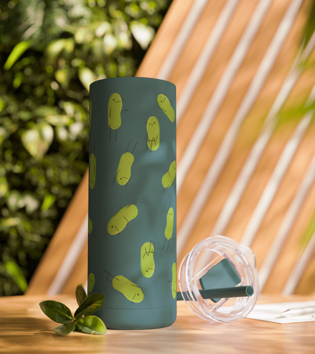 Mockup of a tumbler showcasing a pickle pattern available for licensing