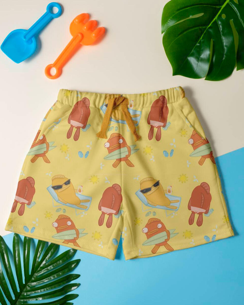 mockup of kids swim shorts showcasing a summer pattern available for licensing