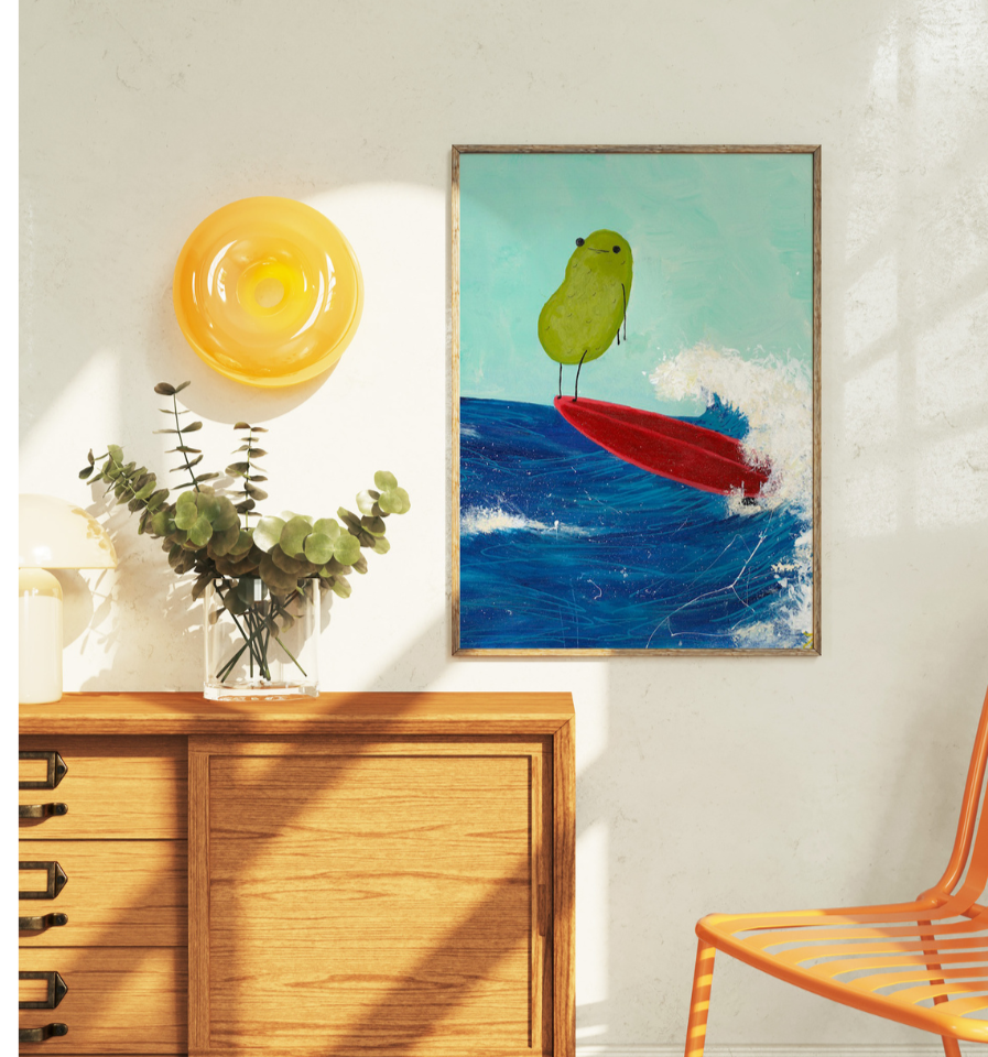 storybook illustration art of a surfing pickle on a red surfboard catching a wave