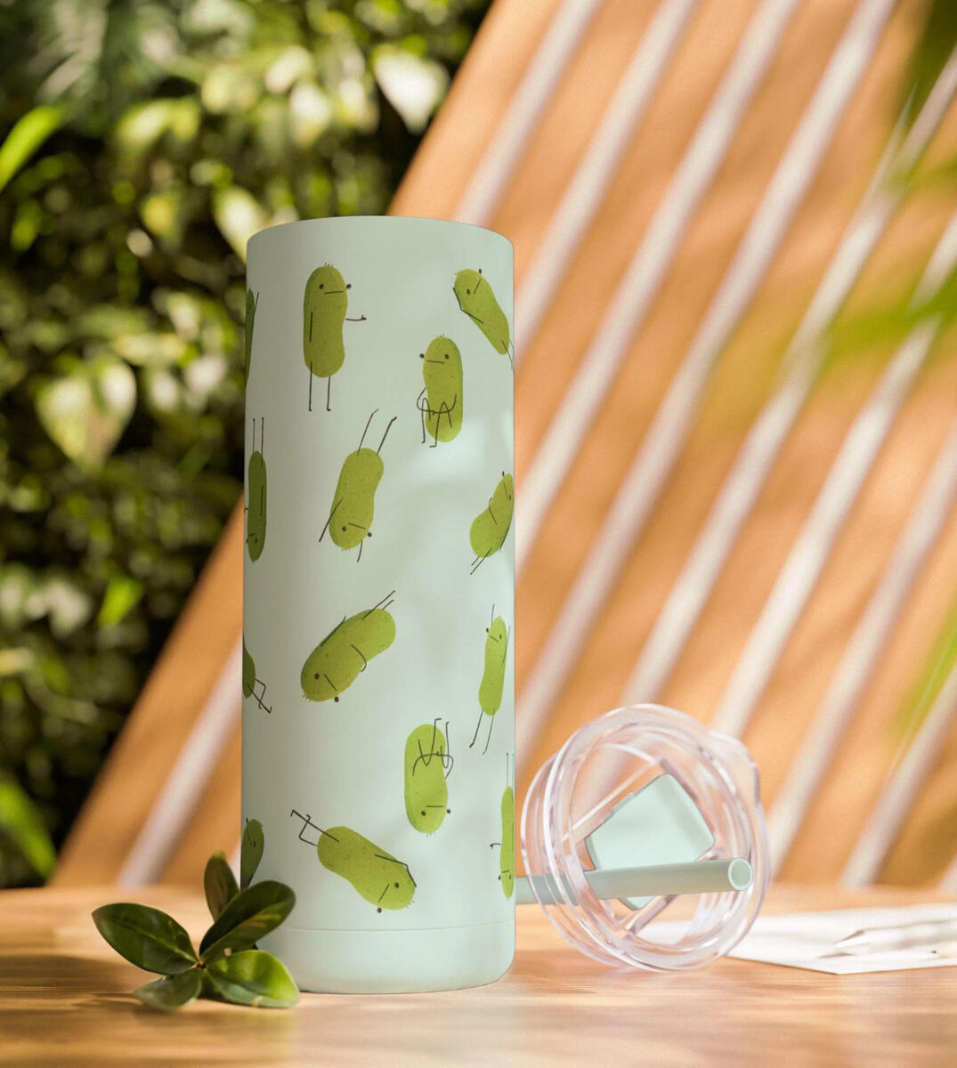 Mockup of a tumbler showcasing a pickle pattern available for licensing