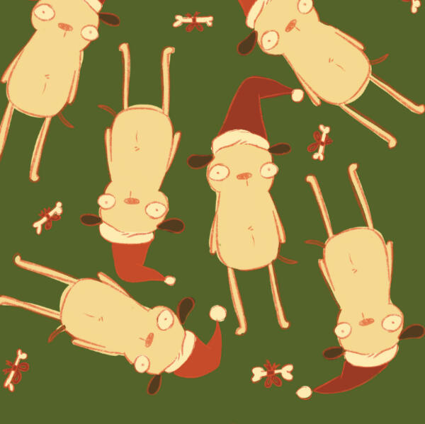 repeat pattern for licensing of cute dog characters wearing santa hats