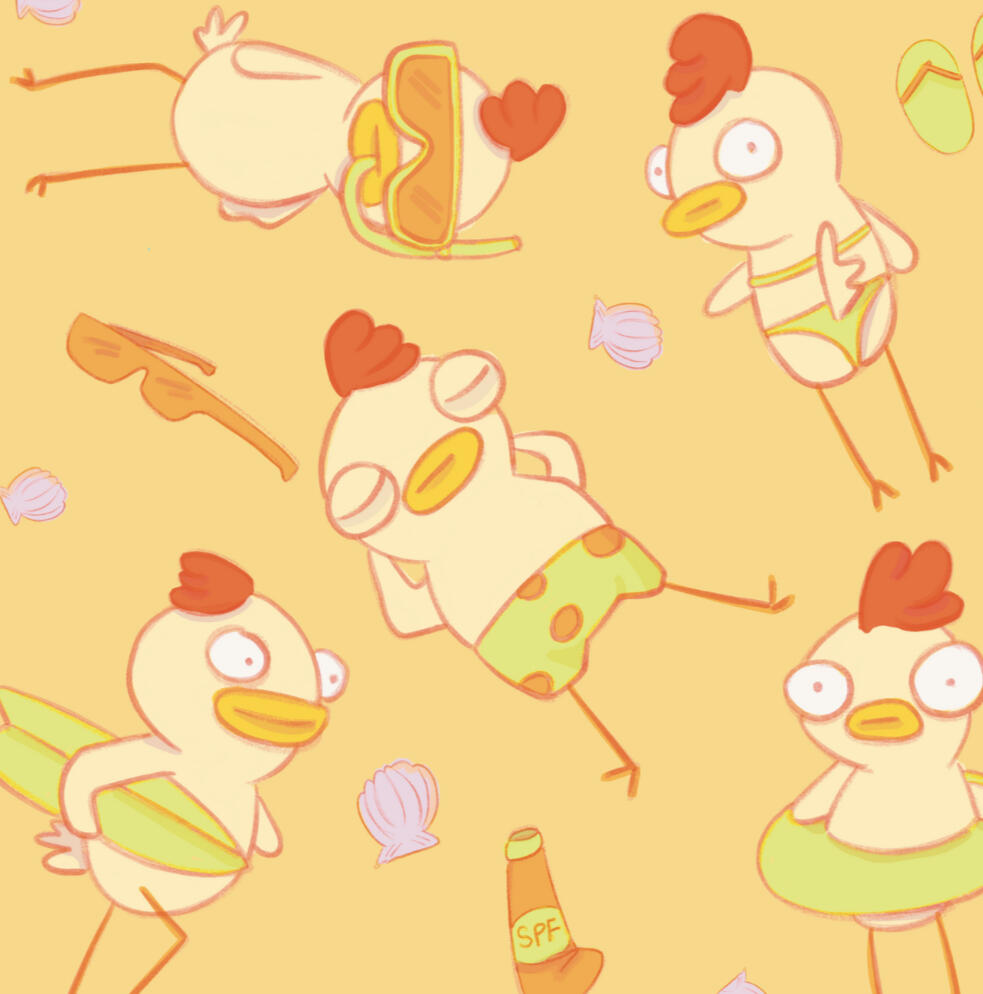 repeating pattern of chicken characters enjoying a beach day for licensing