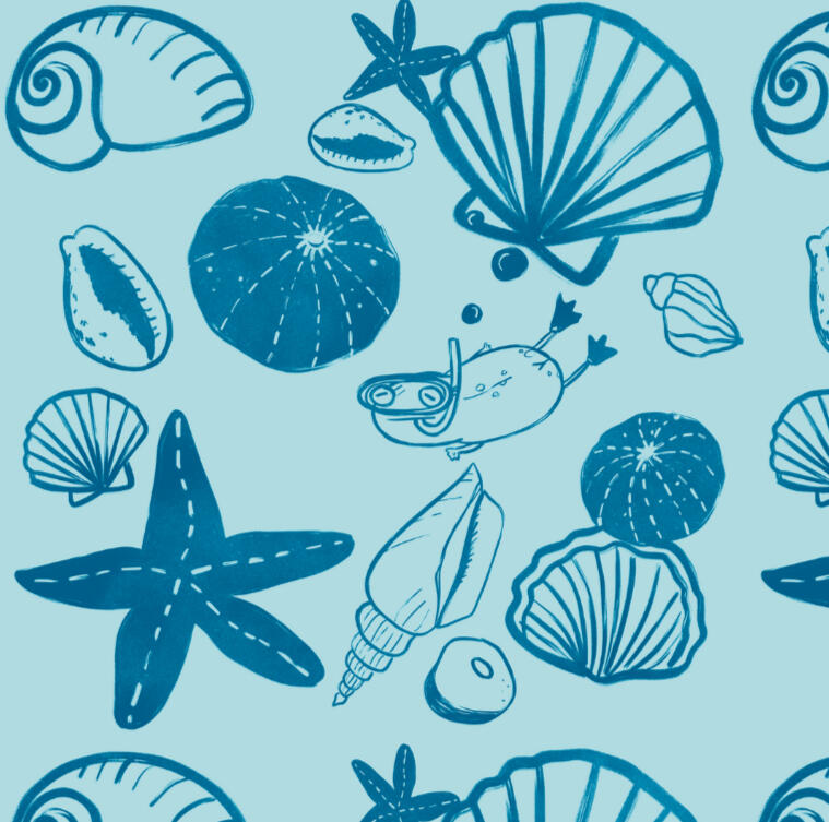 repeating pattern for licensing of seashells and a frog character diving through them wearing goggles