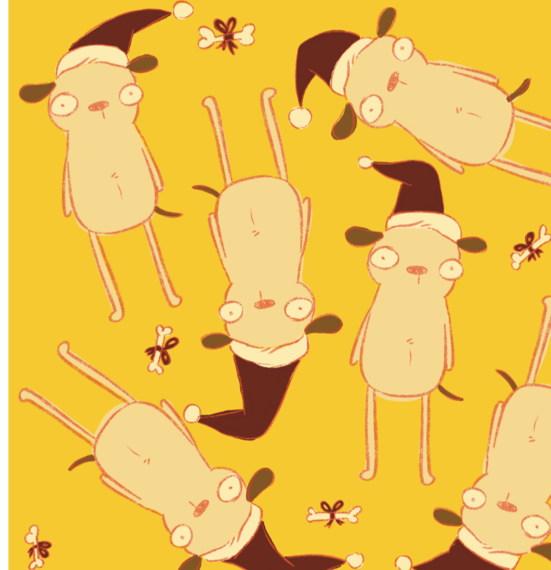 repeat pattern for licensing of cute dog characters in santa hats over a funky yellow background