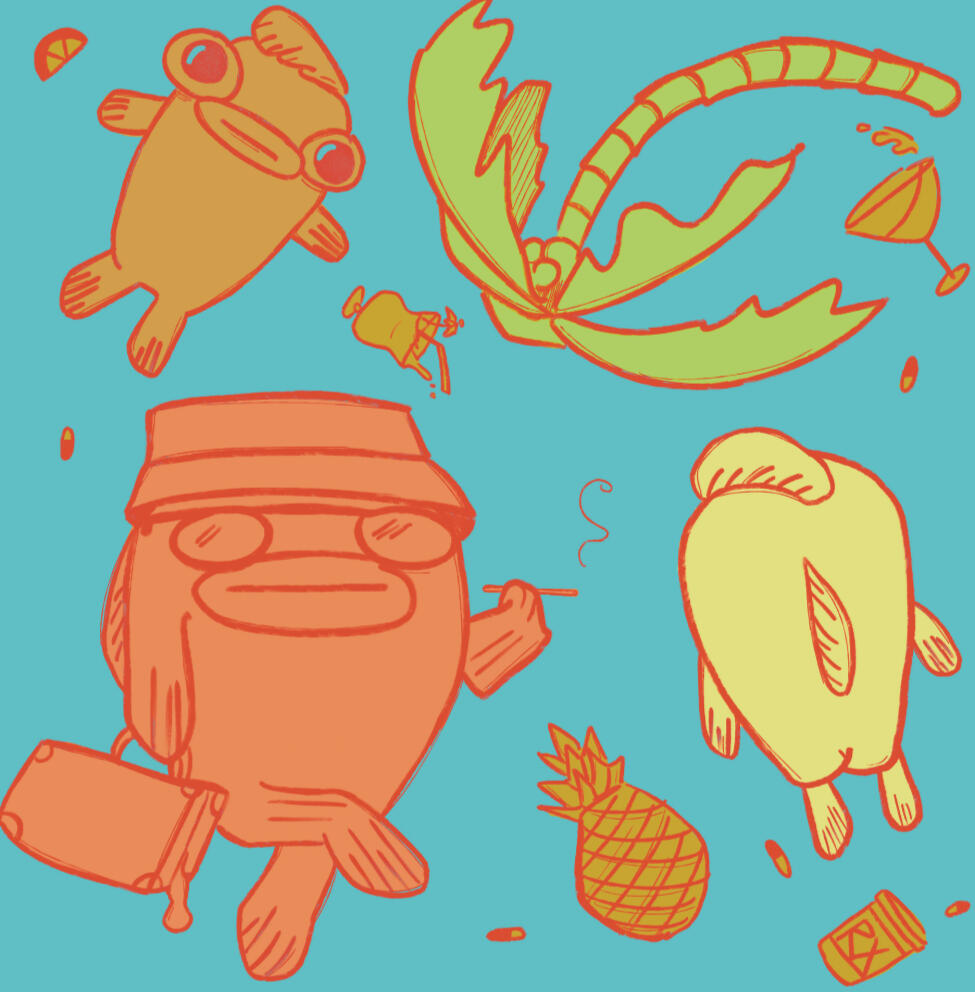 Repeating pattern for licensing of funky fish characters in hunter s thompson tribute