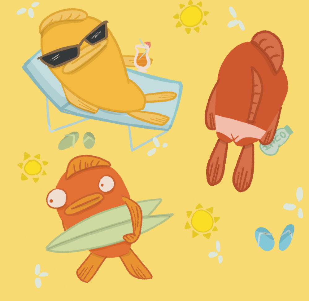 repeating pattern for licensing of fish characters enjoying the beach