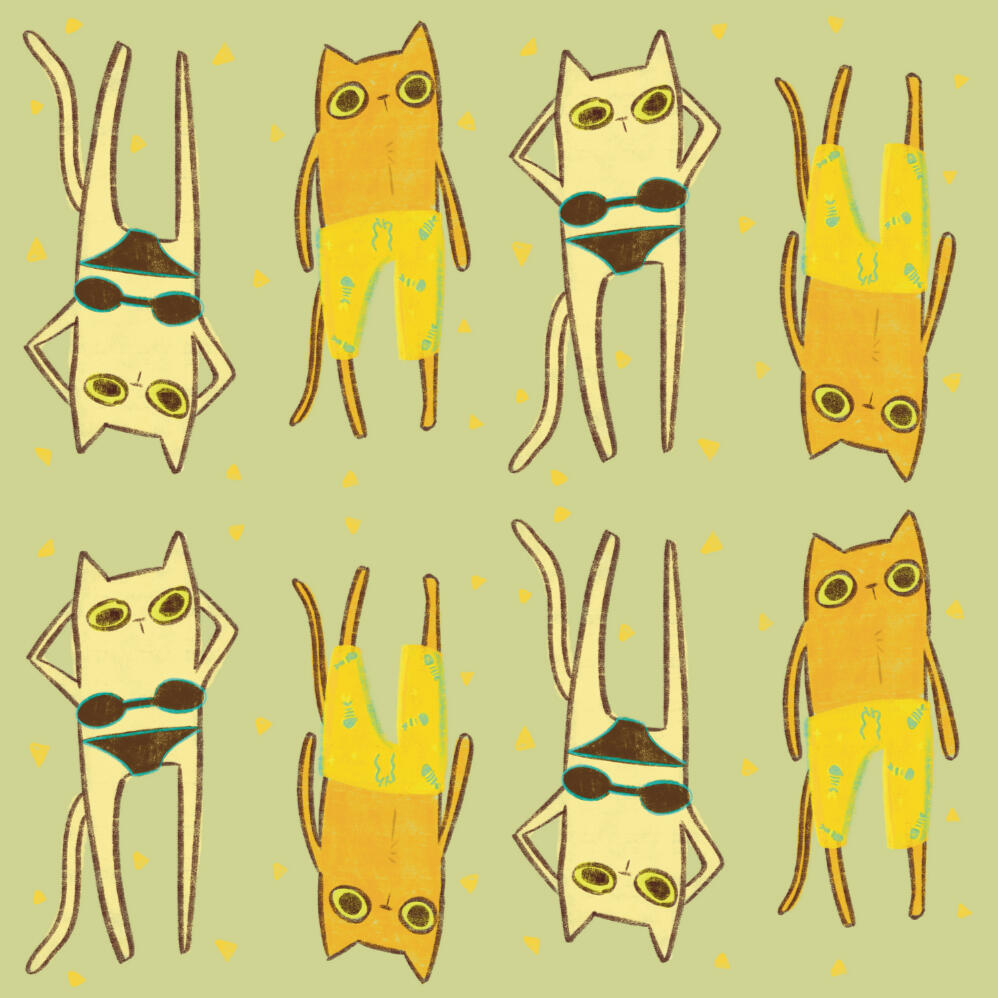 surface design pattern for licensing of cats in swimsuits