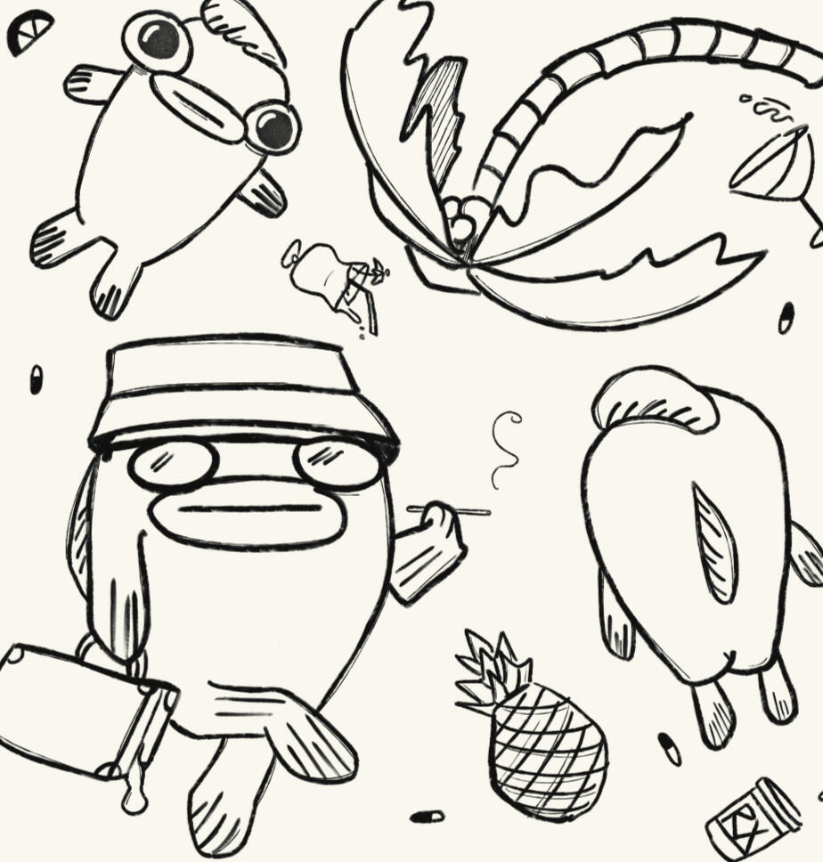 Repeating pattern for licensing of funky fish characters in hunter s thompson tribute