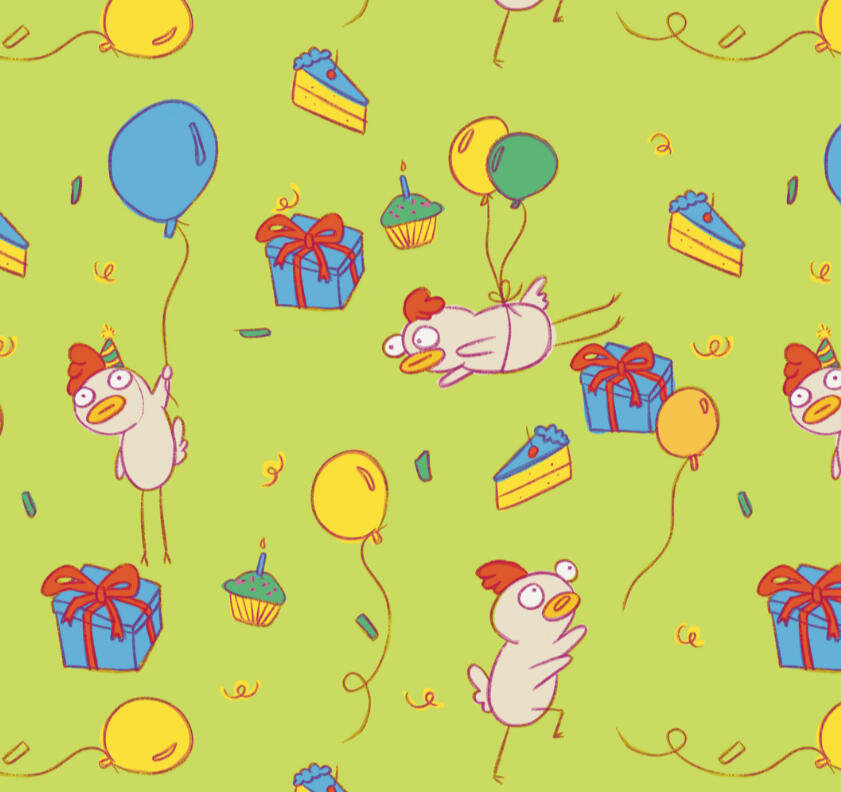 repeating pattern for licensing of cute chicken characters and birthday balloons