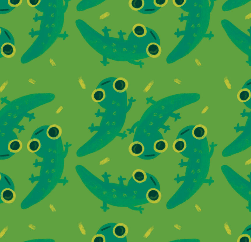 surface design repeating pattern for licensing of cute green geckos