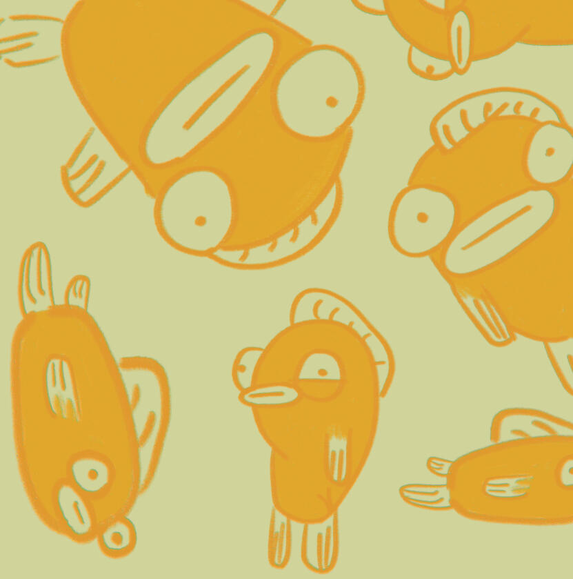 repeating pattern for licensing of funny fish characters on a sage green background