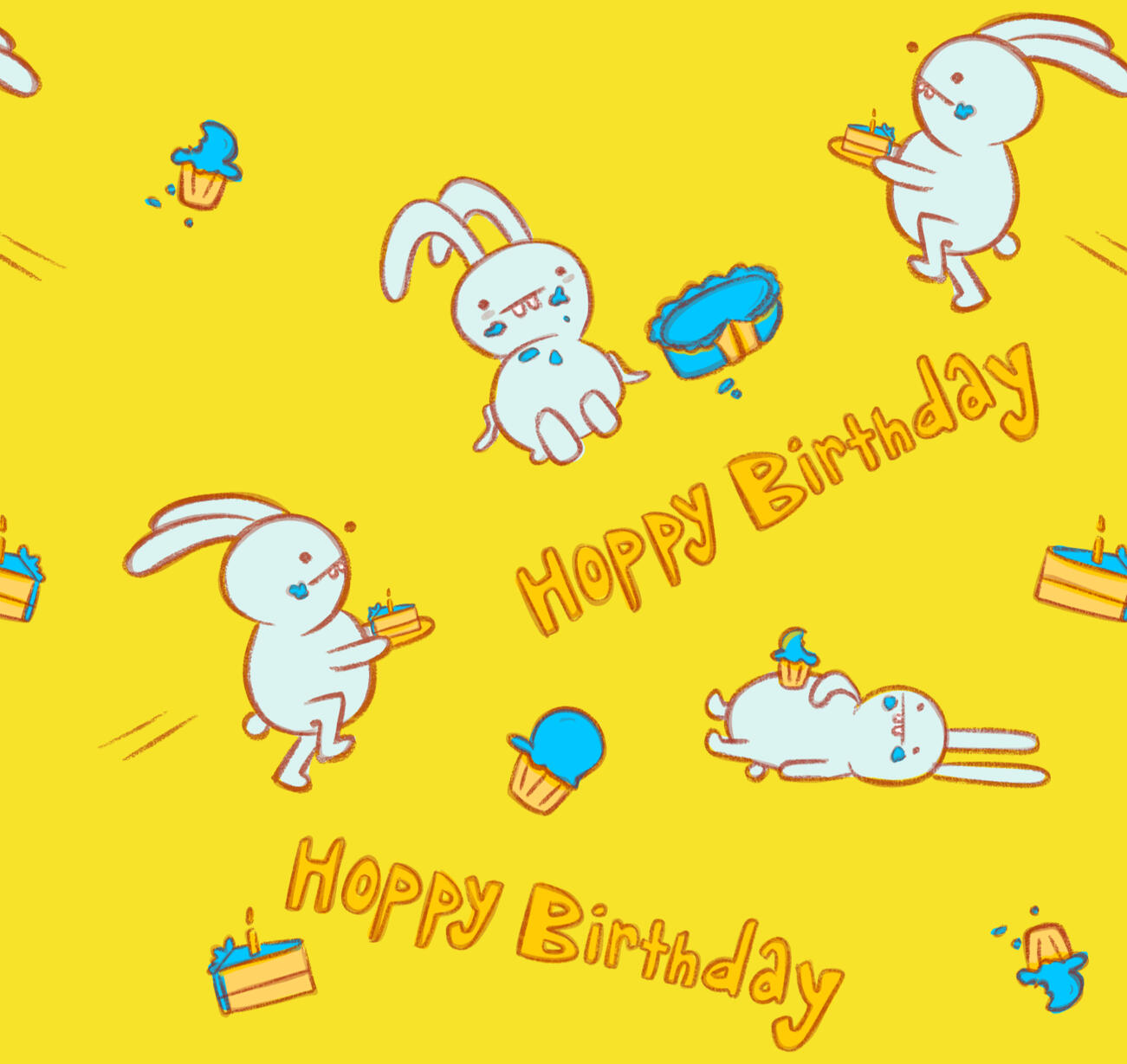 repeating pattern for licensing of cute rabbit character in with birthday desserts
