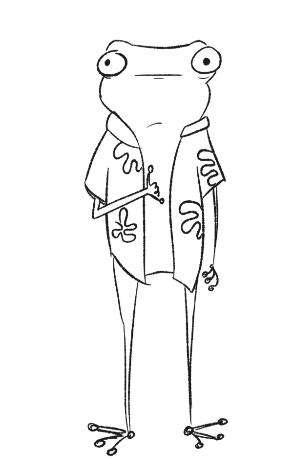 spot illustration for licensing of a cute frog in an aloha shirt throwing a shaka