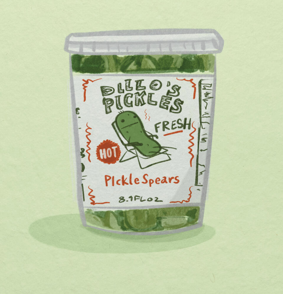 Illustration of a pickle jar with a funny label