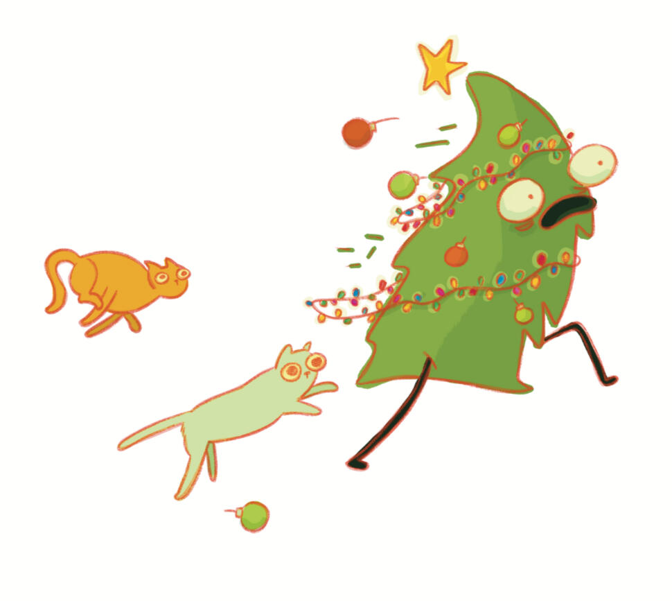 Funny spot illustration of cats chasing a christmas tree that is running away scared