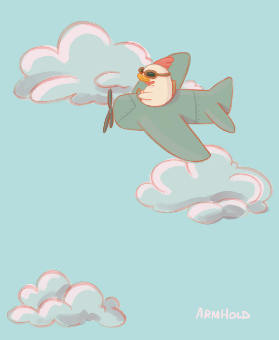 Illustration of a chicken flying a plane through clouds