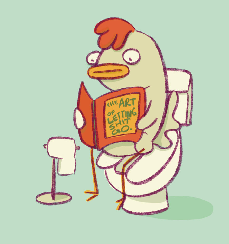 illustration of a chicken sitting on a toilet and reading a book with a funny title