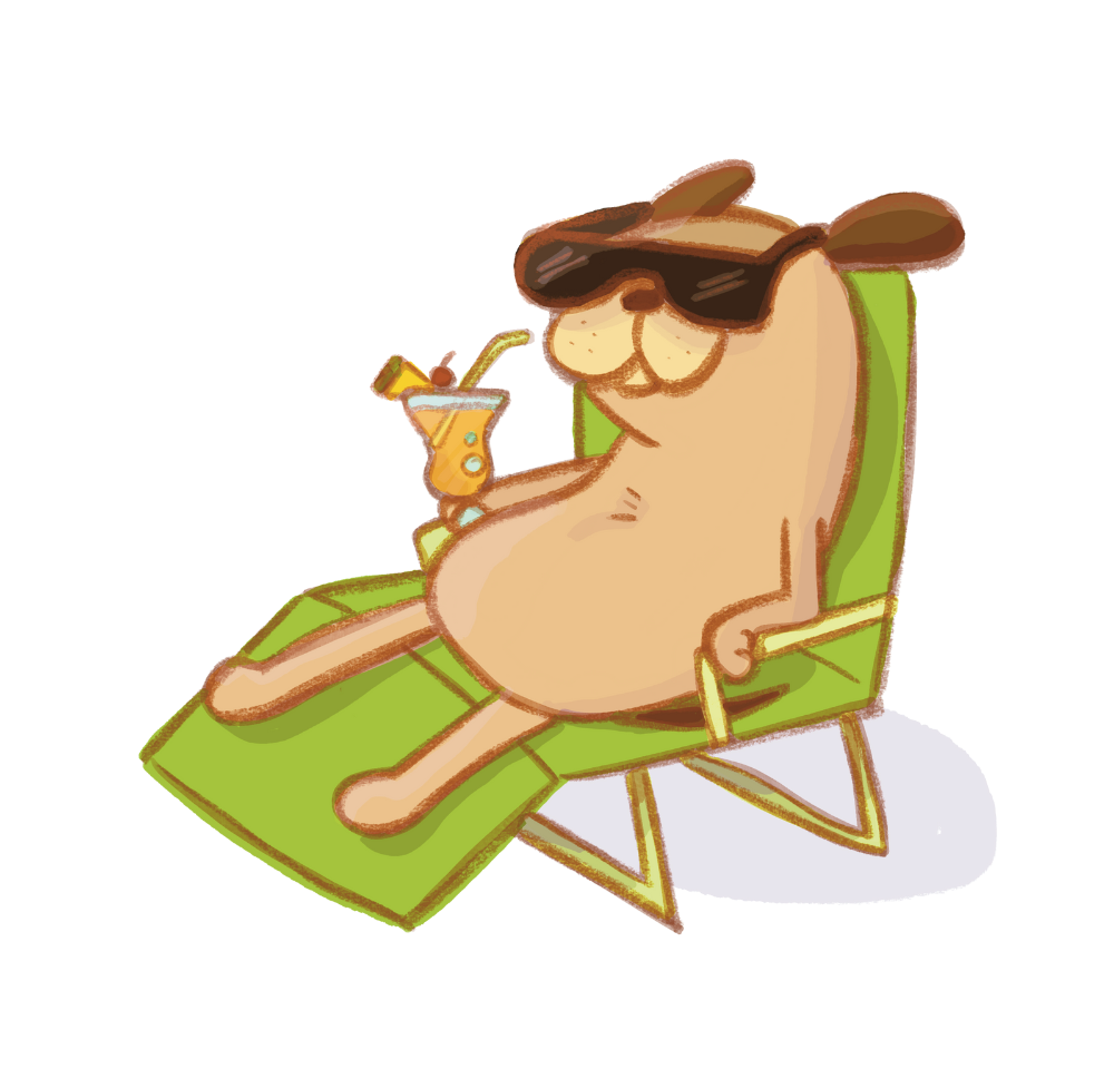 spot illustration of a dog in a beach chair wearing sunglasses