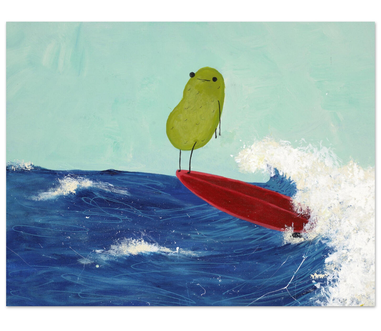 storybook illustration art of a surfing pickle on a red surfboard catching a wave