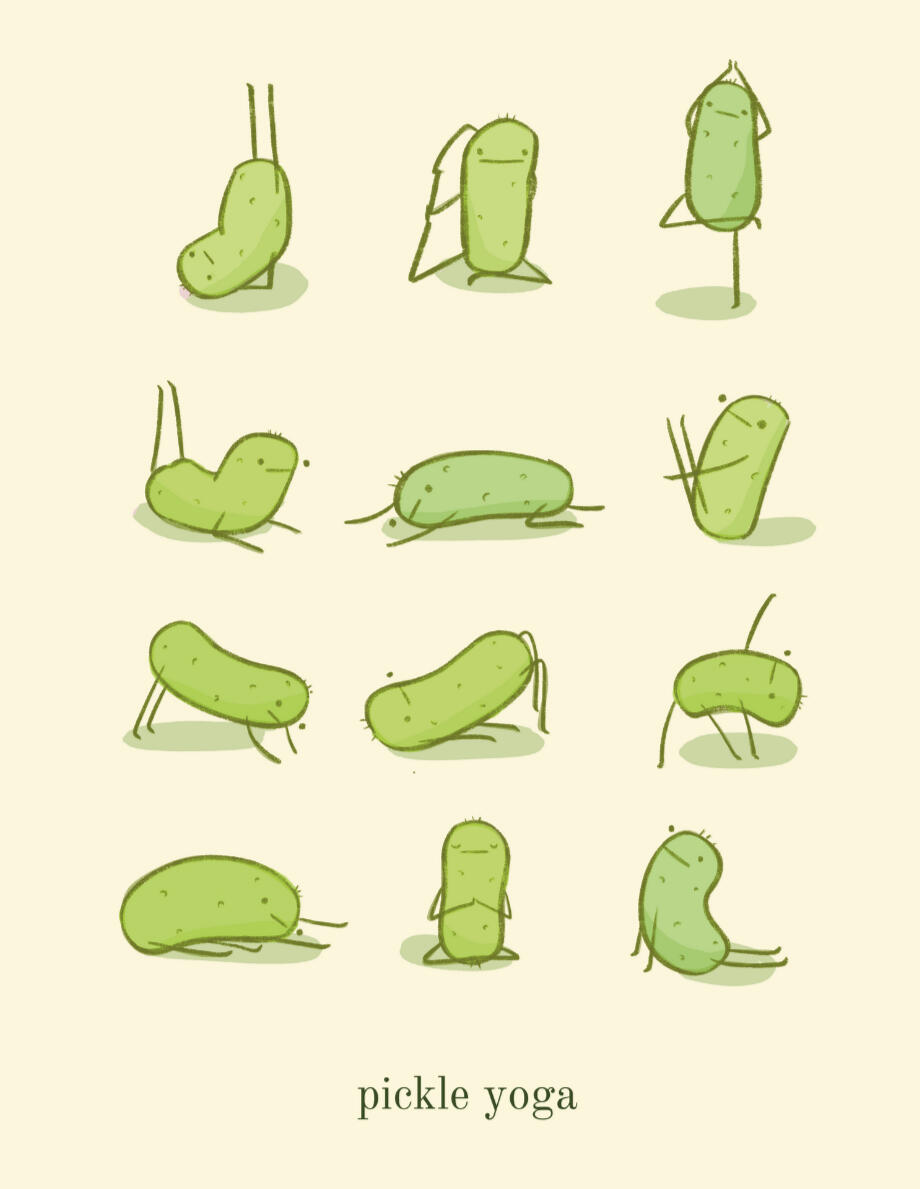 illustration of pickles doing yoga poses