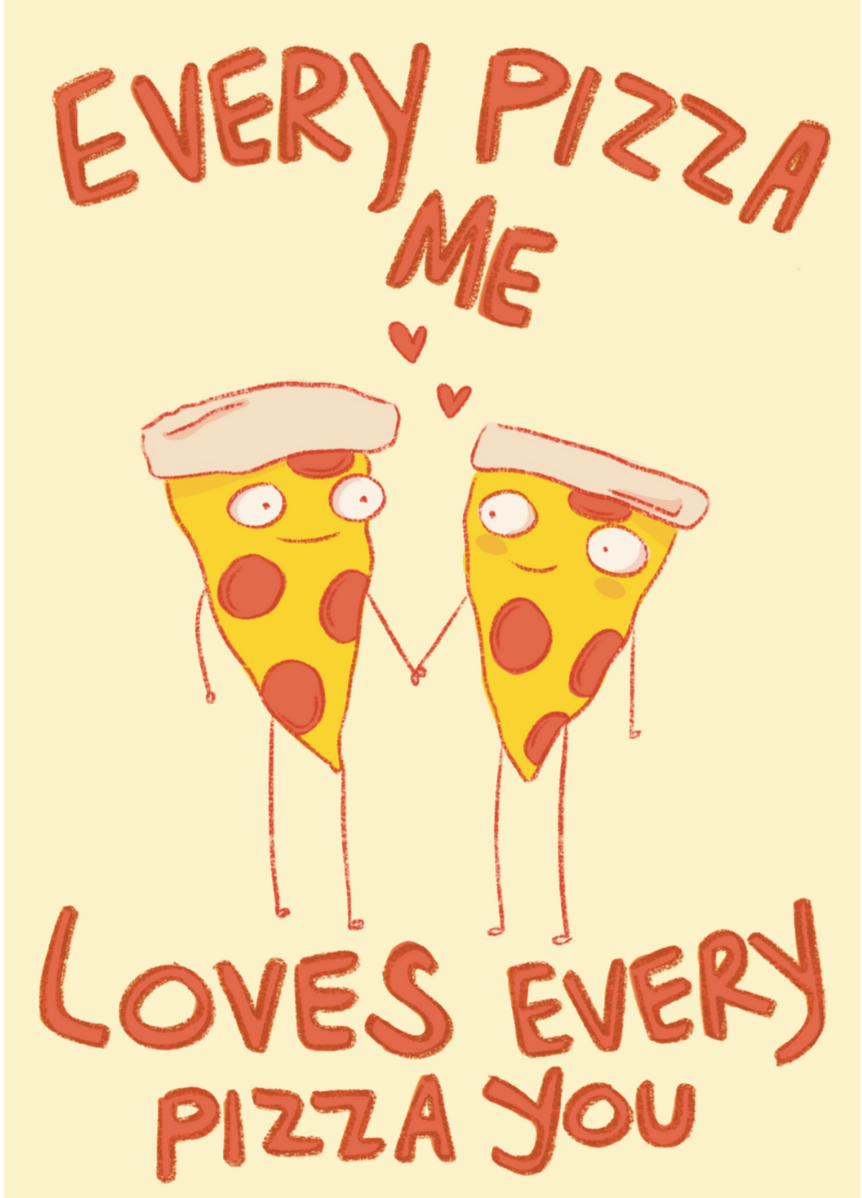 Illustration of pizza themed greeting card design for licensing