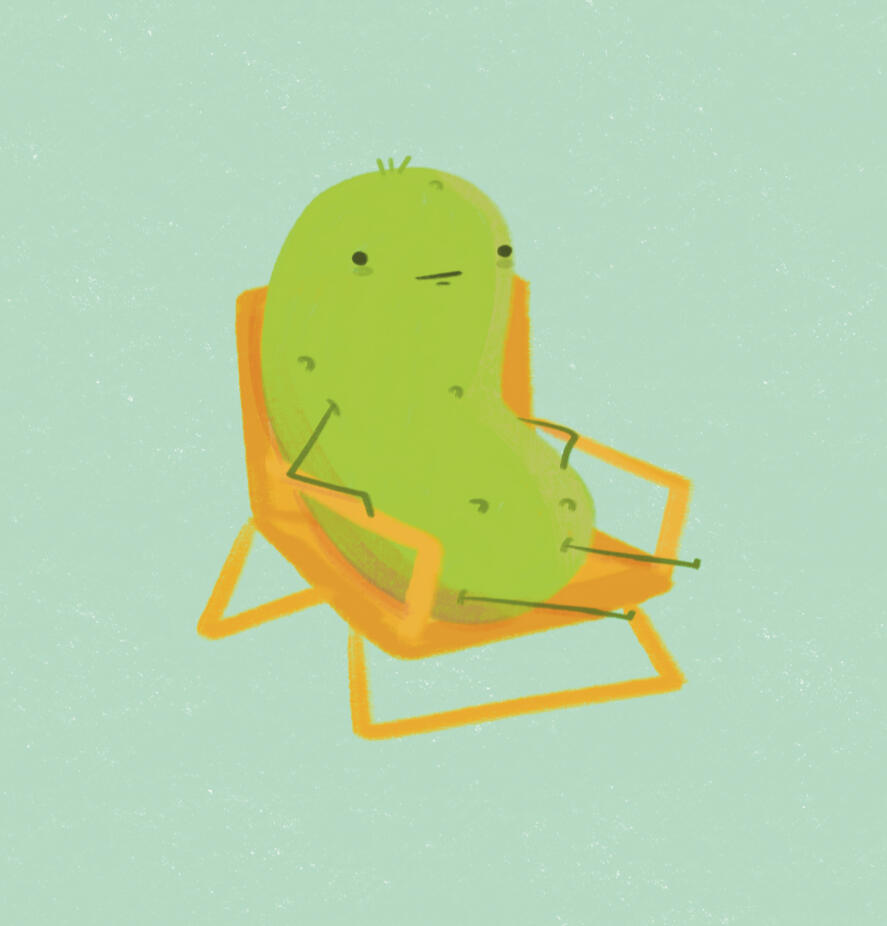 whimsical style illustration of a pickle in a lawn chair