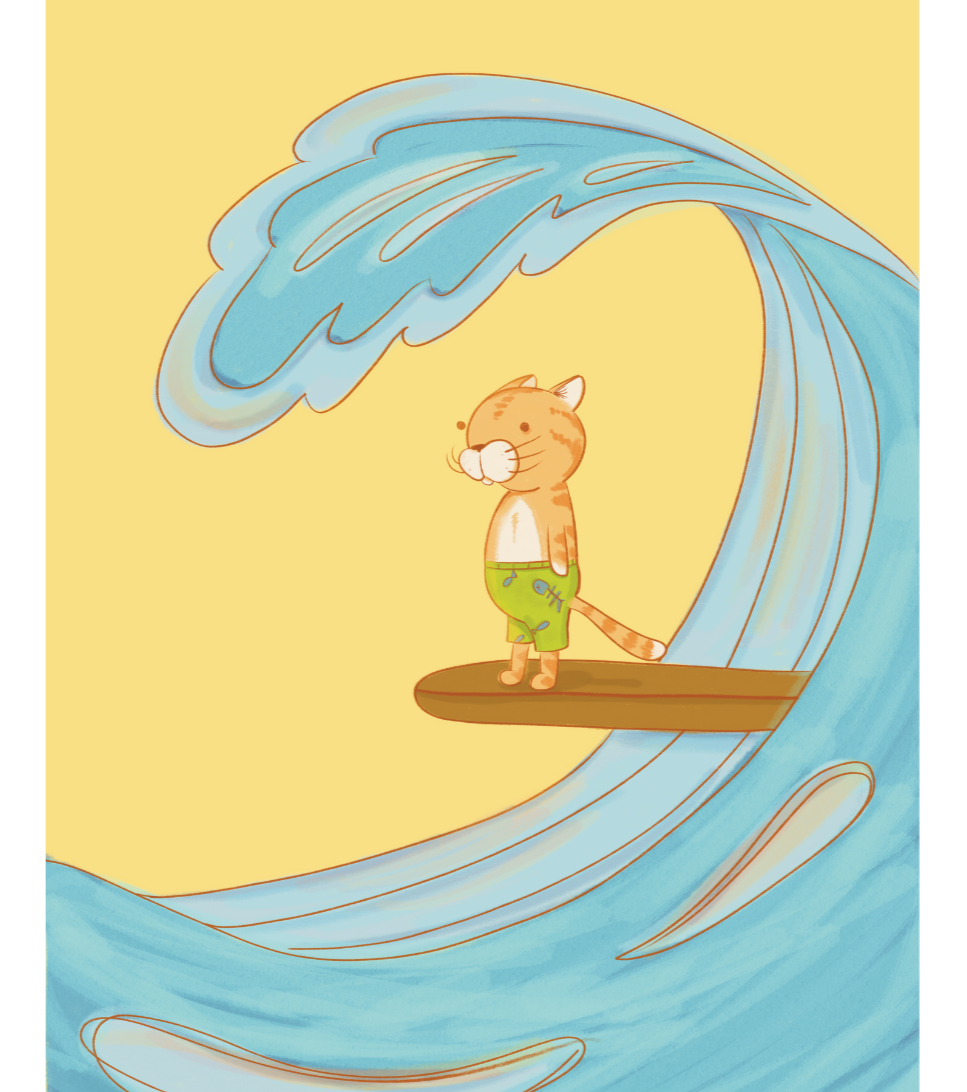 Illustrated image of a cute cat surfing a wave