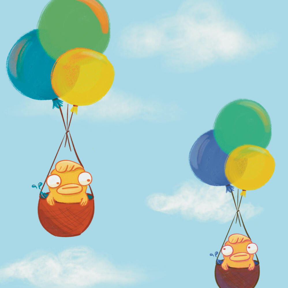 Story book illustration of fish characters in hot air balloons