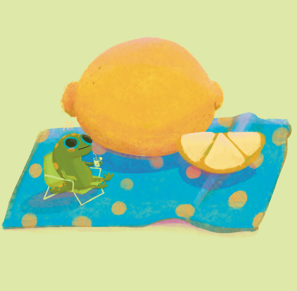 storybook illustration of a gecko having a picnic with some lemonade