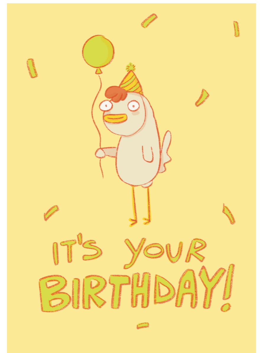 Illustration on greeting card design for licensing of a chicken holding a balloon and wearing a birthday hat
