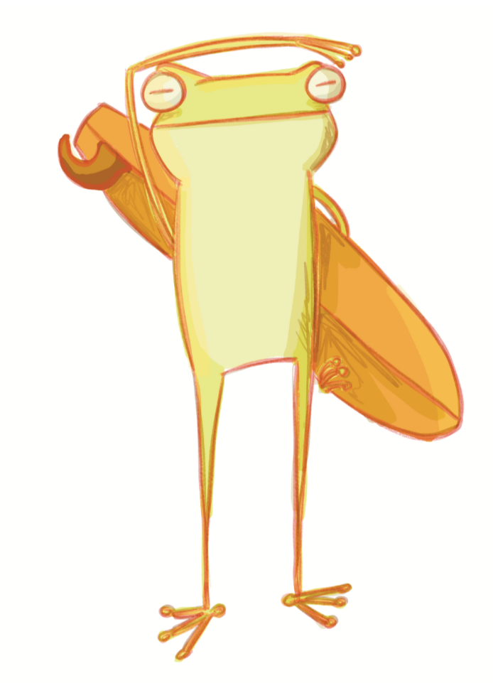 spot illustration of a frog holding a surfboard