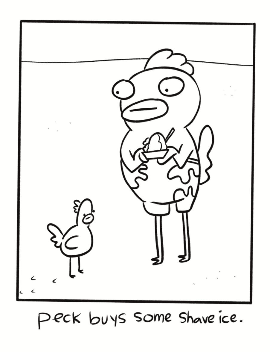 coloring book illustration of chicken with hawaiian shave ice