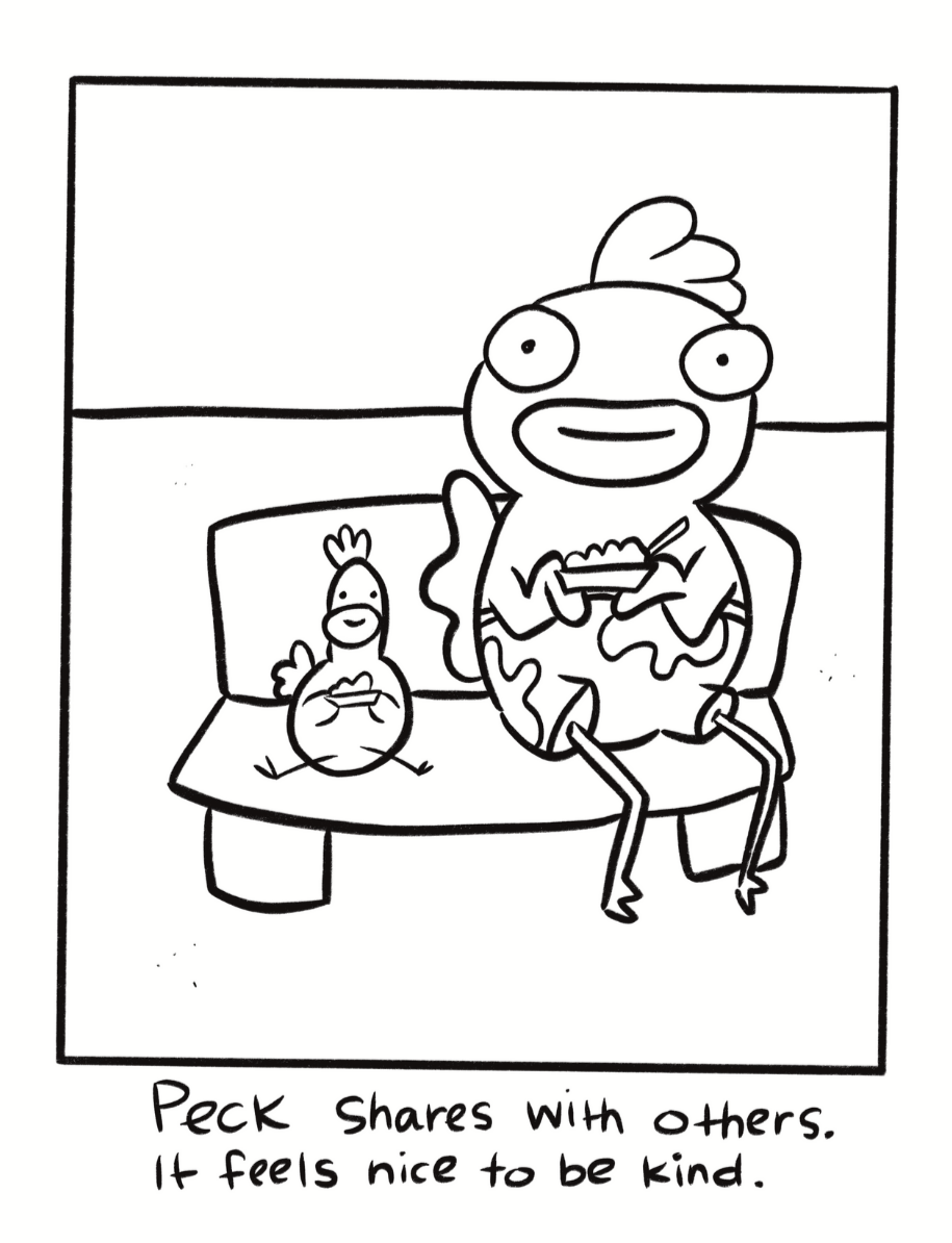 illustration of chicken holding shave ice and sharing it with a friend