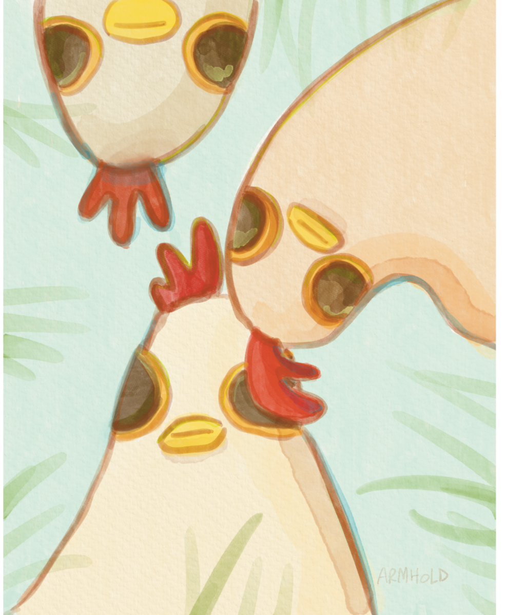Digital Illustration of three whimsical chickens