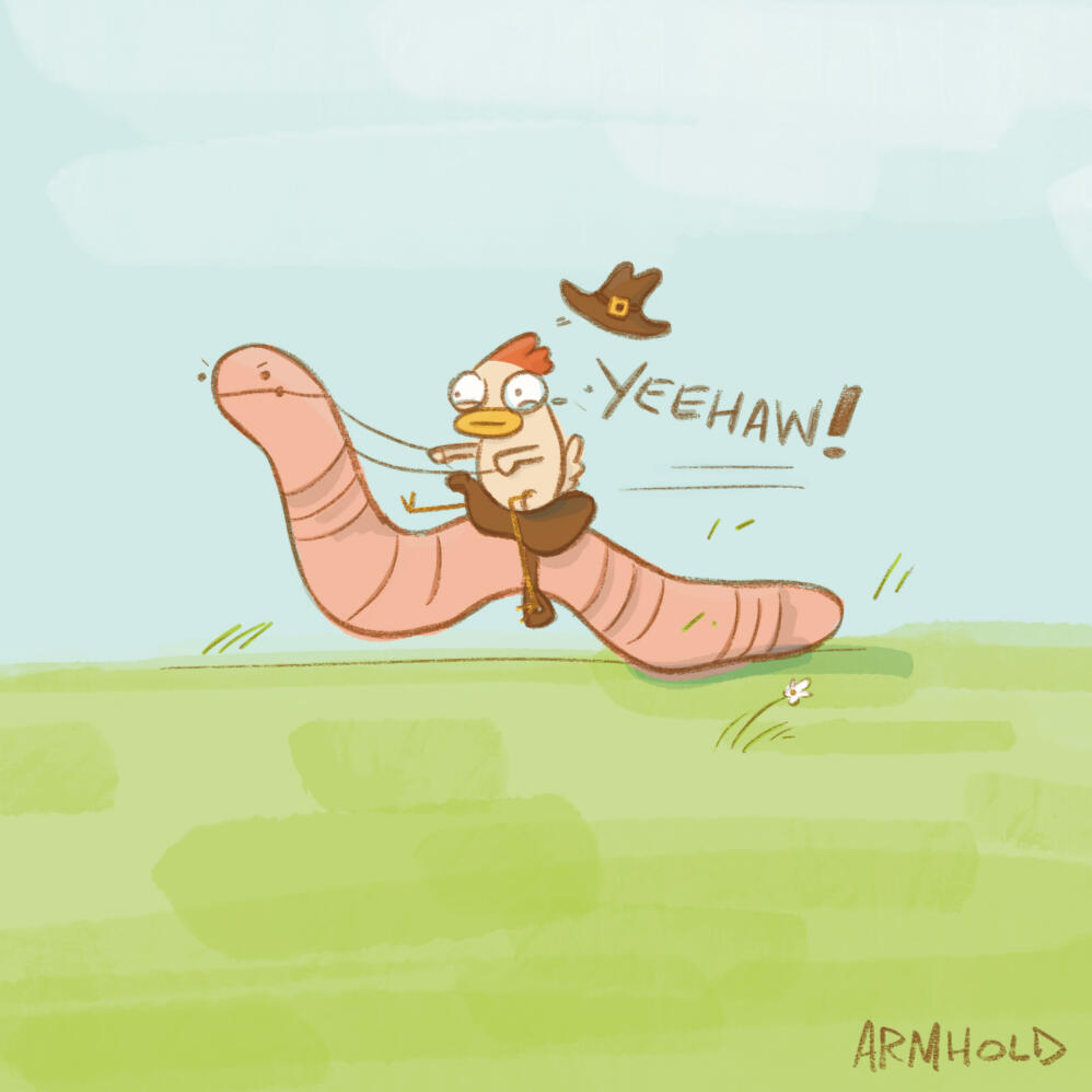 whimsical storybook illustration of a cowboy chicken riding a worm