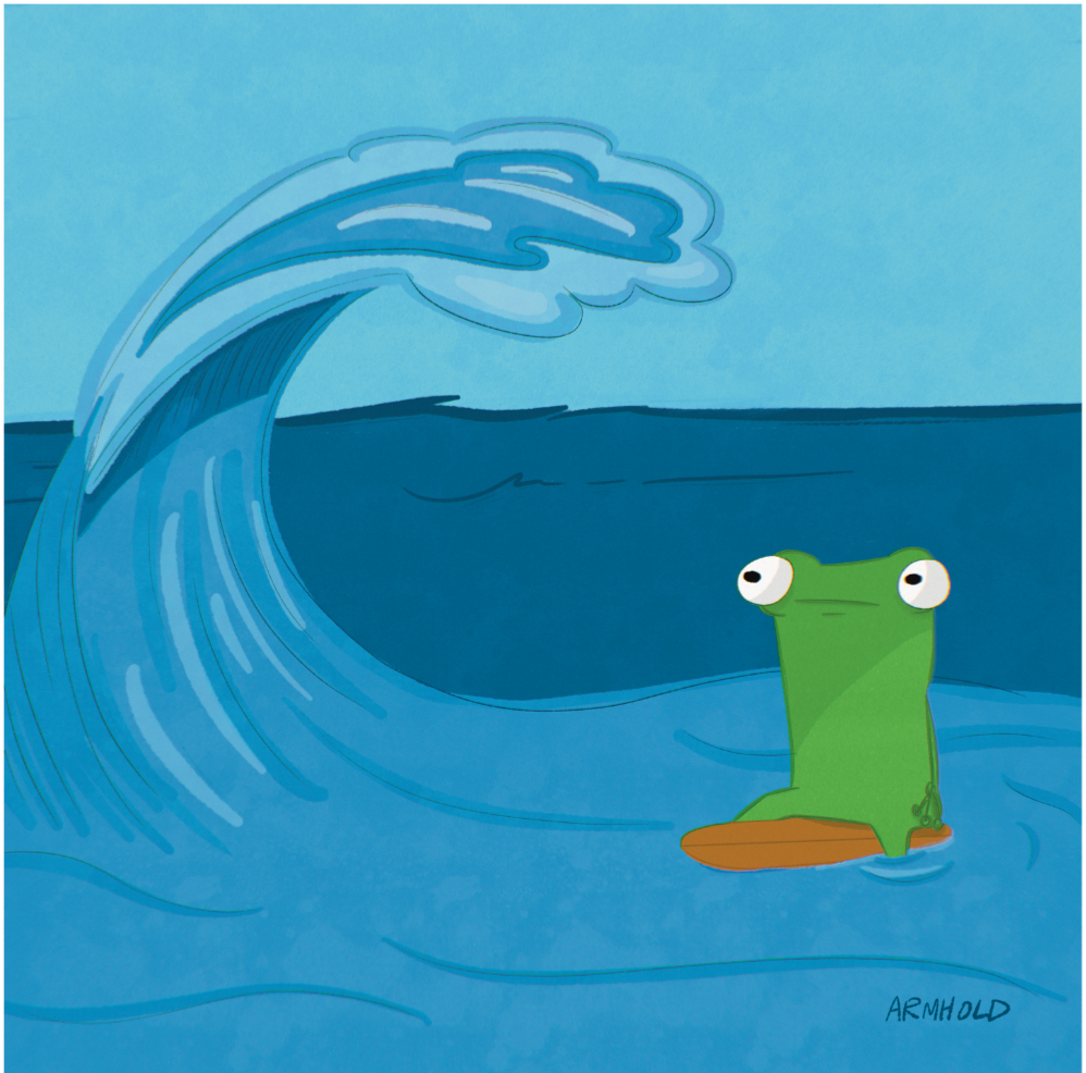 Illustration of a frog character sitting on a surfboard