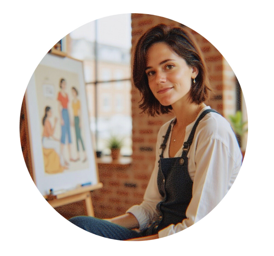Image of Artist Jennifer Armhold sitting in a well lit art studio